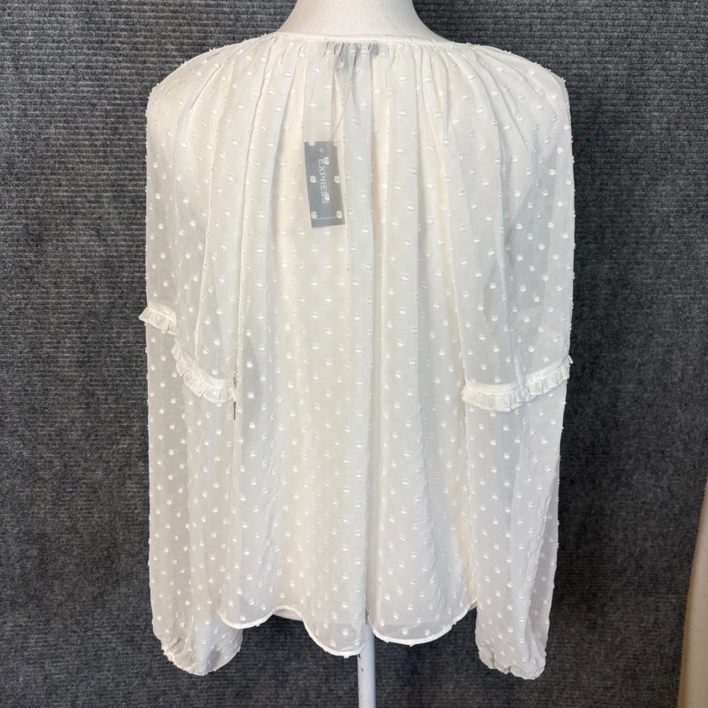 Express Swiss Dot Ruffle Blouse Womens XS White Sheer Boho Cottagecore NWT - Picture 4 of 7